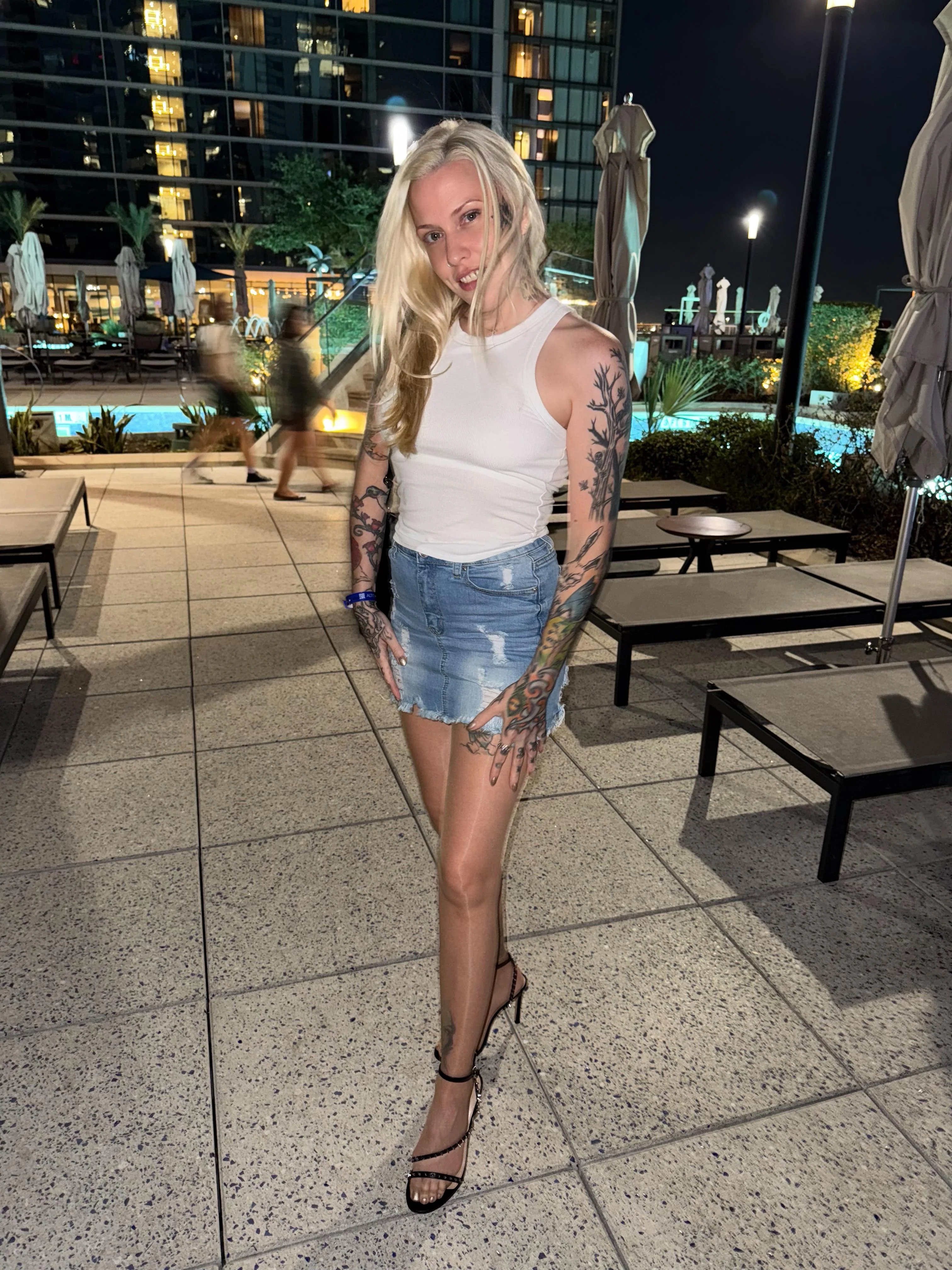 Denim mini and heels out and about picture 1 of 1